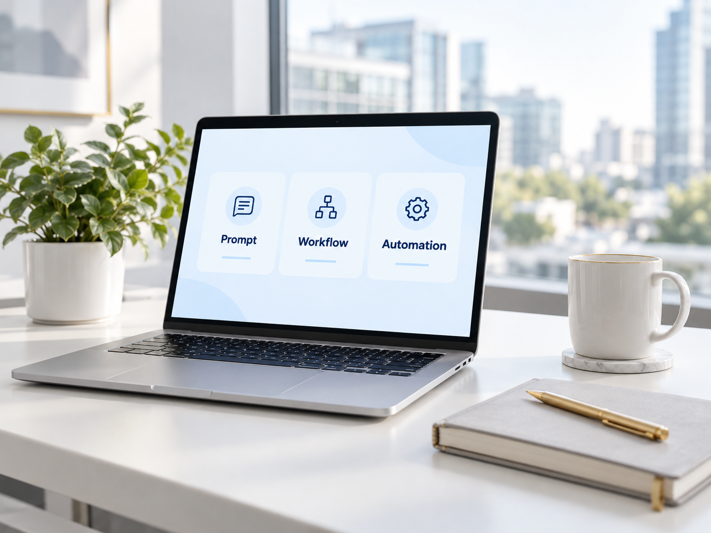 Laptop dengan paparan Prompt, Workflow dan Automation di ruang kerja terang bersama cawan, buku nota, pen dan tumbuhan kecil.
