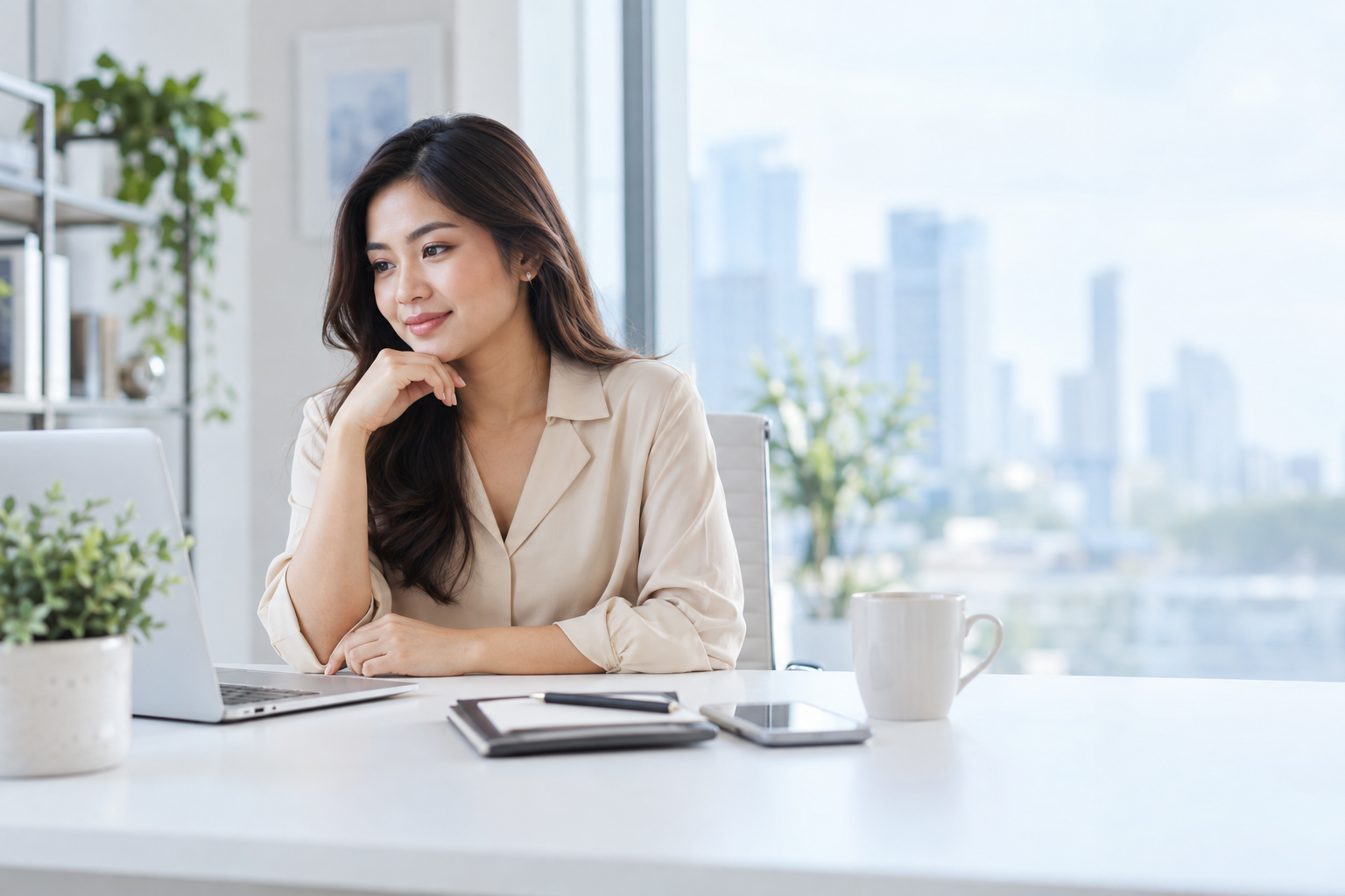 Ilustrasi wanita profesional bekerja menggunakan laptop di pejabat yang terang.